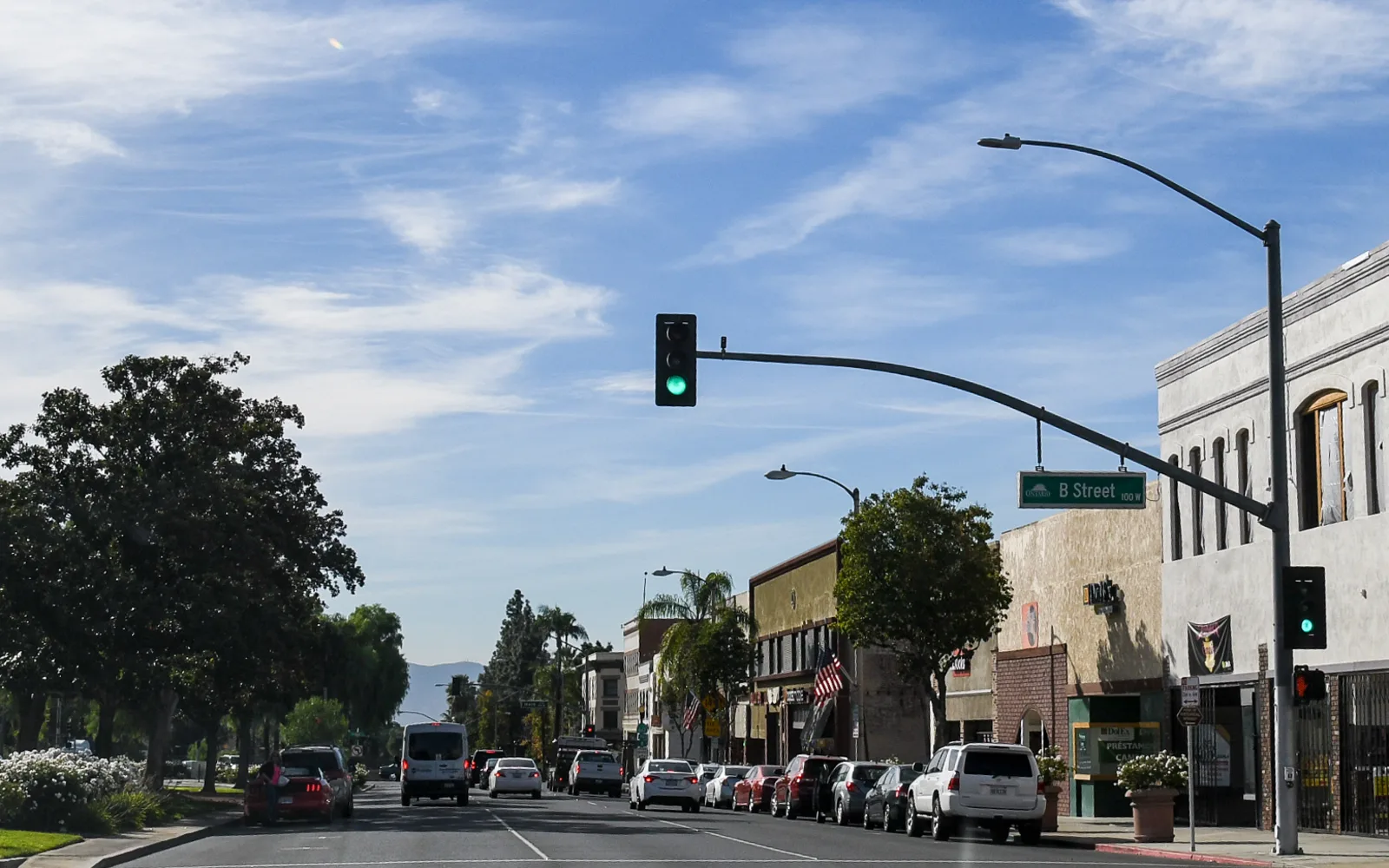 Downtown Ontario street view showing modern commercial and residential development in the Inland Empire