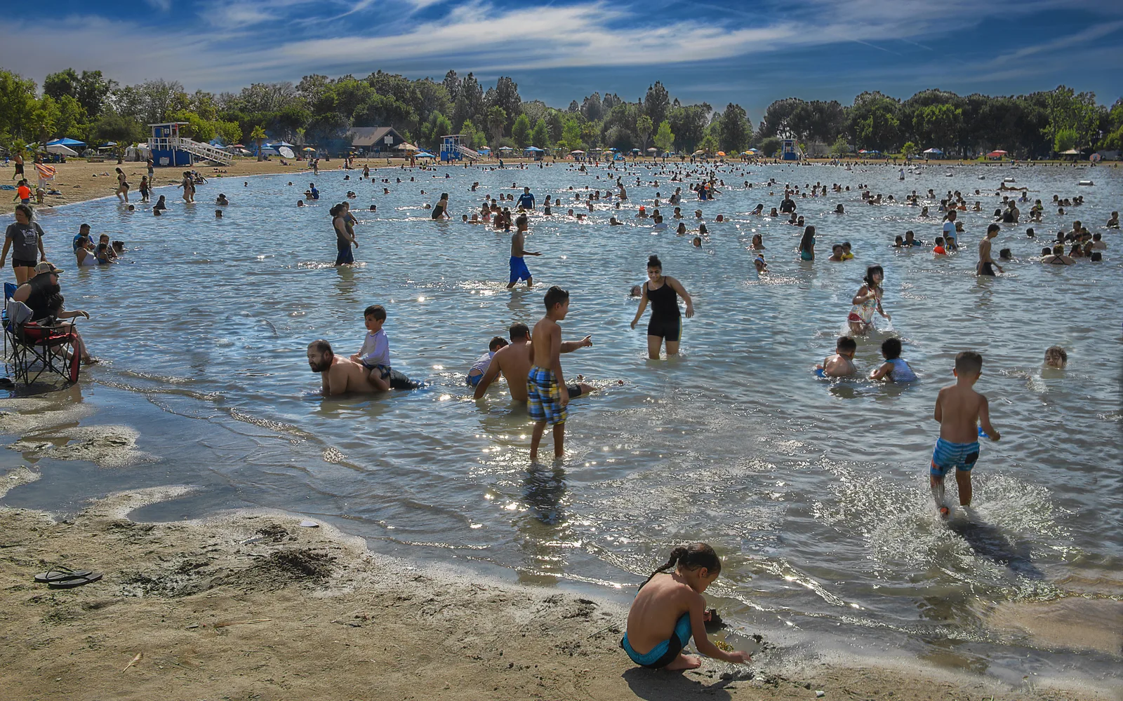 Families enjoying a sunny day swimming and recreating at a California lake surrounded by vegetation